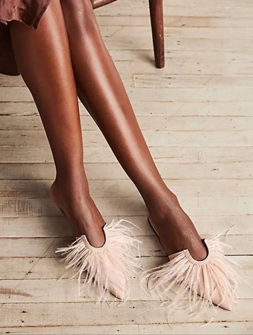 Schutz Feather Trim Suede Pointed Toe Mule Elegant Flats Blush Pink Size 9